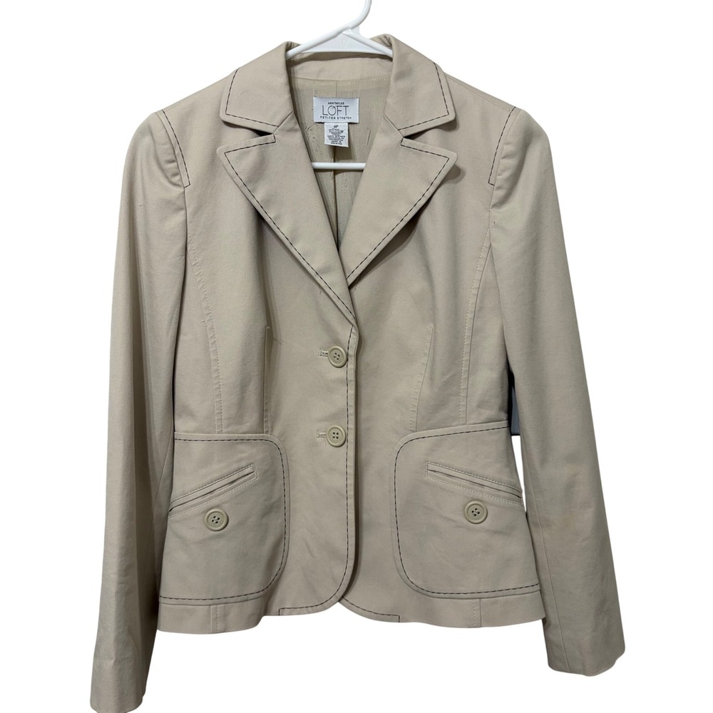 Ann Taylor Loft Petite Stretch Beige Blazer Contrast Stitch Jacket Size 4P